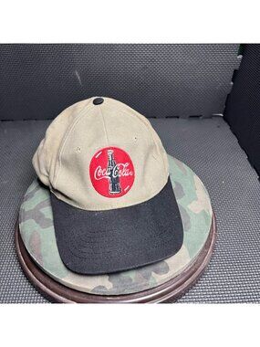 Vintage Coca-Cola Embroidered Baseball Cap Beige & Black Adjustable Strapback Ha